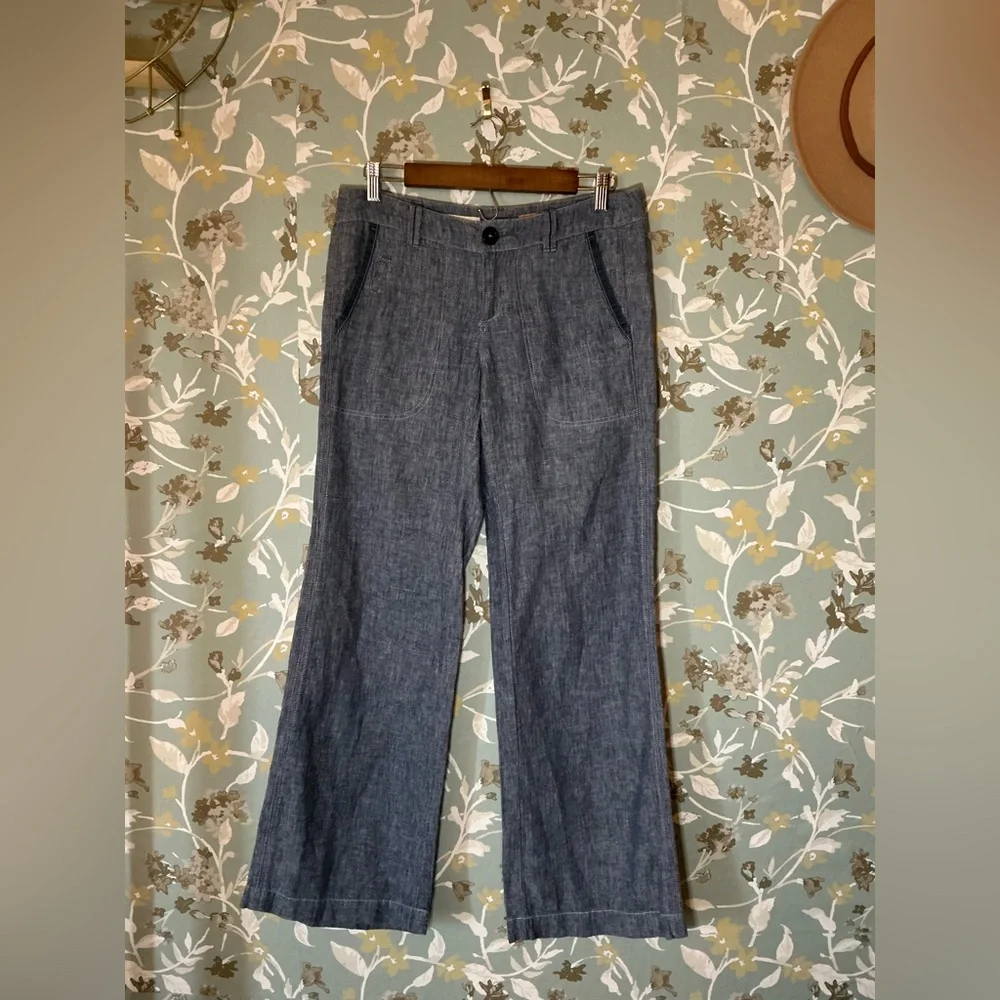 Pilcro Wide Leg Linen-Blend Pants in Heathered Blue - Picture 2 of 6
